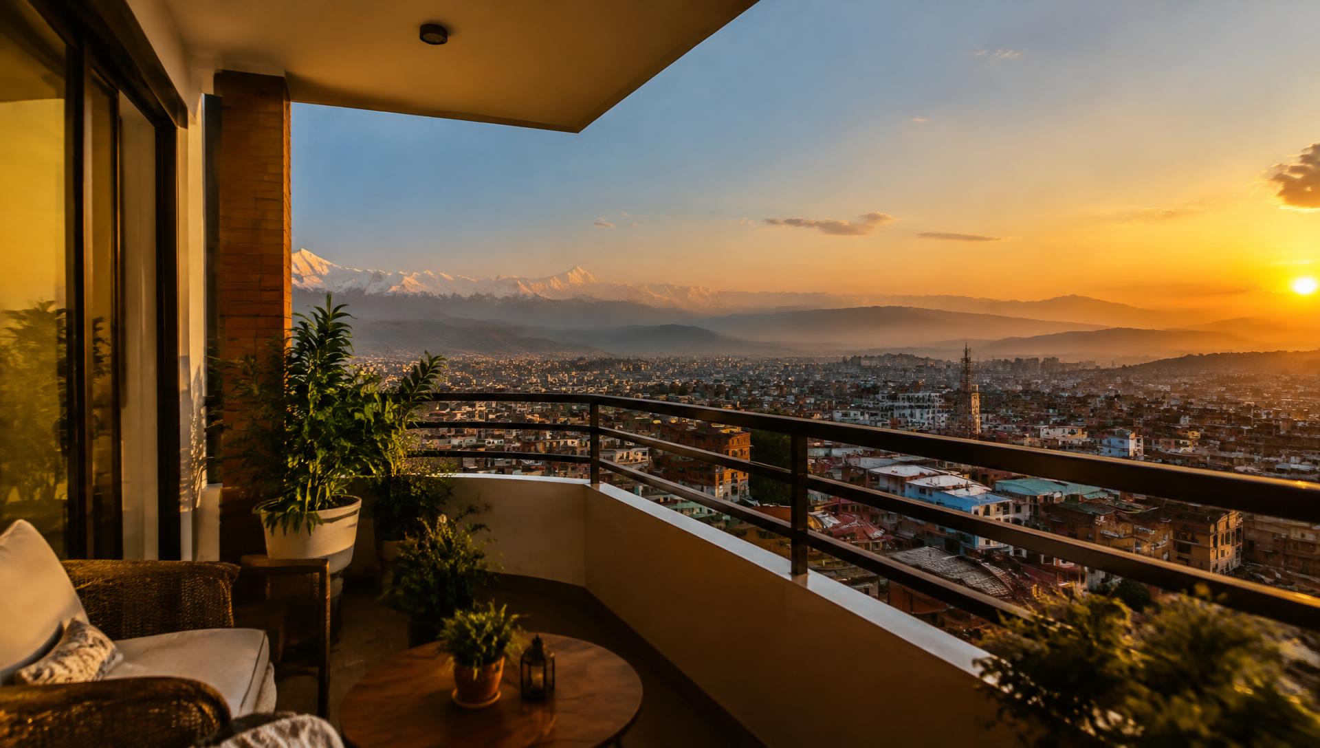Kathmandu Valley at sunset from an apartment balcony